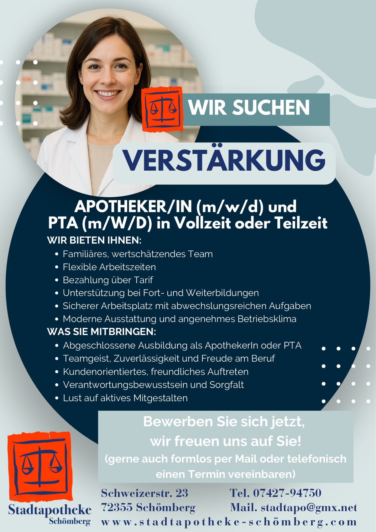 Stellenausschreibung Stellenausschreibung für eine Stelle als PTA und als Apotheker:in (beide m/w/d)